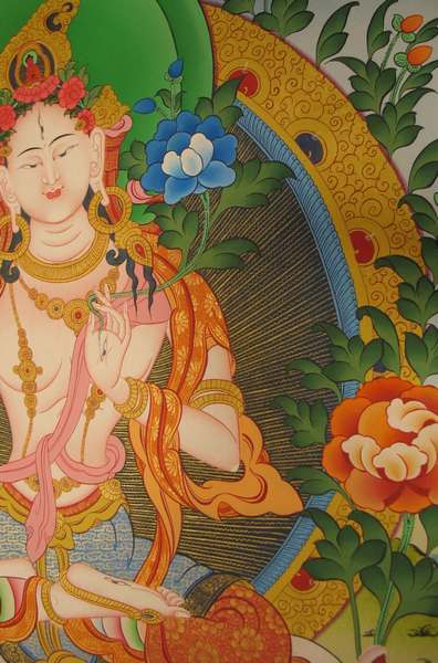 Tibetan Thangka Of White Tara, [24k Real Gold]