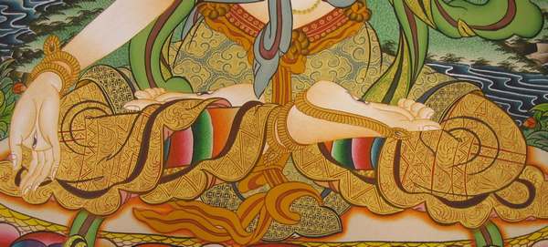 Tibetan Thangka Of White Tara With Five Buddhas, [24k Real Gold]