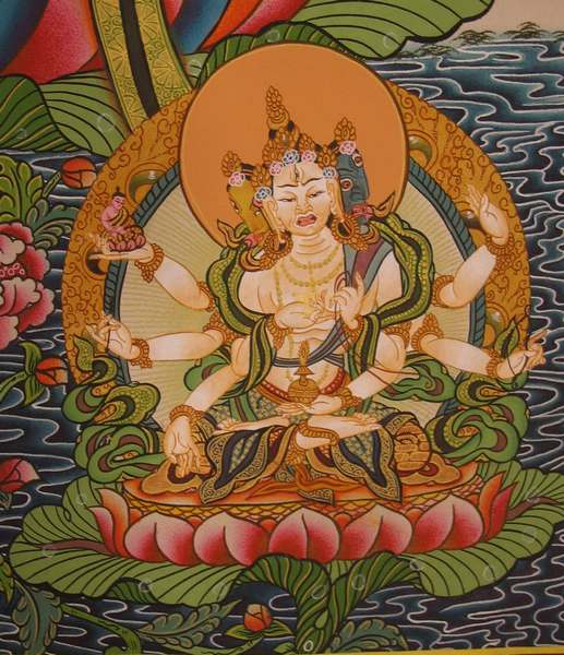 Tibetan Thangka Of White Tara With Five Buddhas, [24k Real Gold]