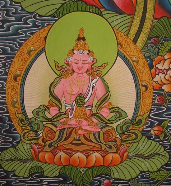 Tibetan Thangka Of White Tara With Five Buddhas, [24k Real Gold]