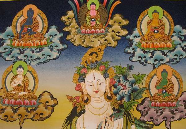 Tibetan Thangka Of White Tara With Five Buddhas, [24k Real Gold]