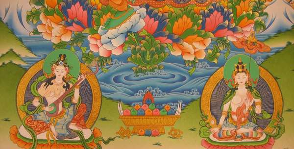 Tibetan Thangka Of Green Tara, [24k Real Gold]