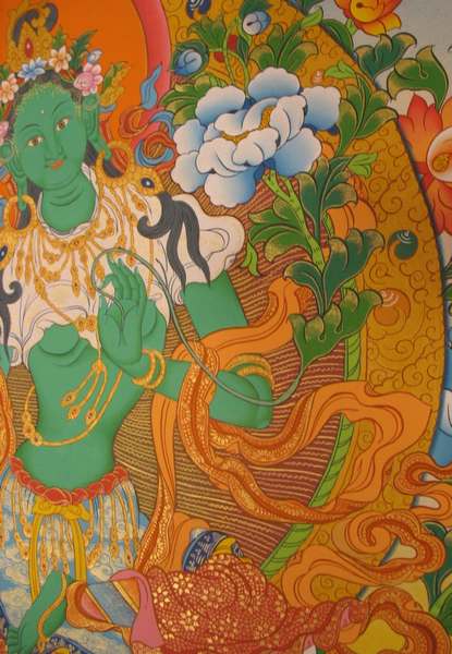 Tibetan Thangka Of Green Tara, [24k Real Gold]