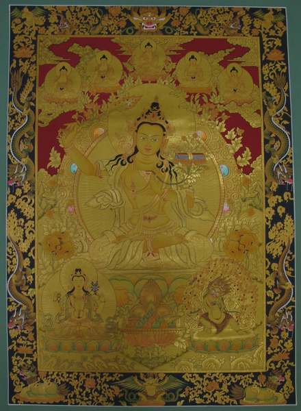 Tibetan Thangka Of Manjushri, [24k Real Gold]