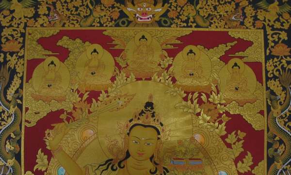 Tibetan Thangka Of Manjushri, [24k Real Gold]