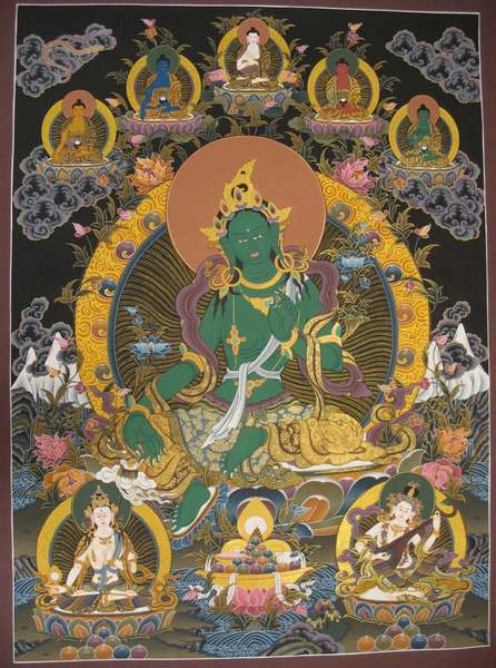 [hq] Tibetan Thangka Of Green Tara, [24k Real Gold]