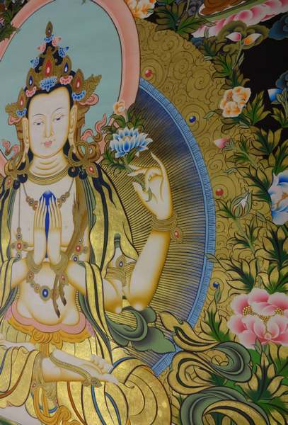 [master Quality] Tibetan Thangka Of Big Chenrezig, [24k Real Gold], Three Great Bodhisattvas