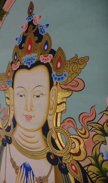 [master Quality] Tibetan Thangka Of Big Chenrezig, [24k Real Gold], Three Great Bodhisattvas