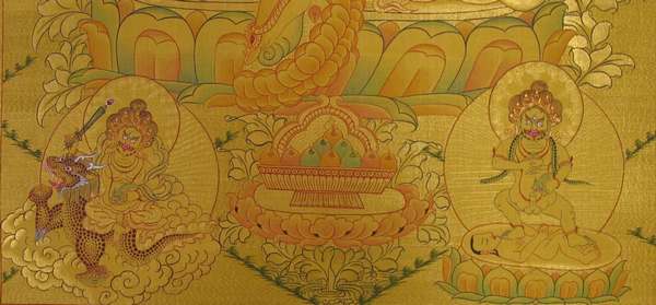Tibetan Thangka Of 5 Dzambhala, Yellow Jambhala, [24k Real Gold]