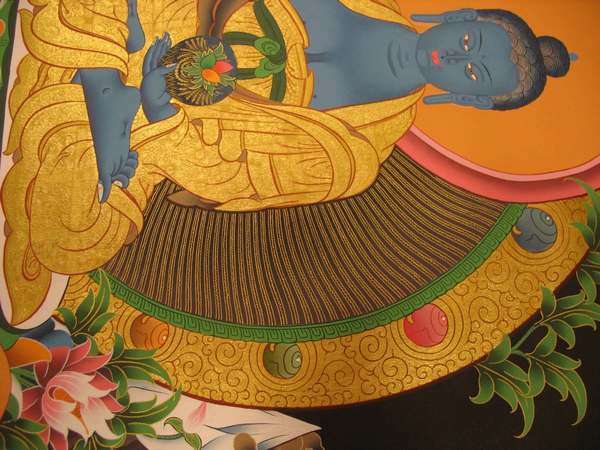 Tibetan Thangka Of Medicine Buddha, [24k Real Gold]