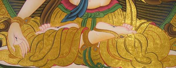 Tibetan Thangka Of White Tara, [24k Real Gold], Three Long Life Deities