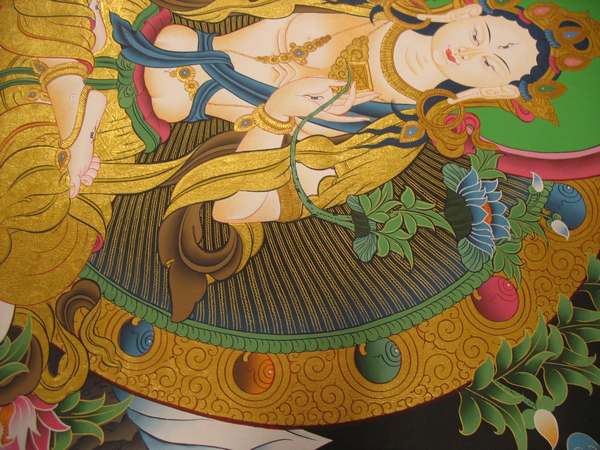 Tibetan Thangka Of White Tara, [24k Real Gold], Three Long Life Deities