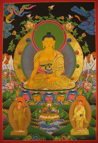 Tibetan Thangka Of Shakyamuni, [24k Real Gold]