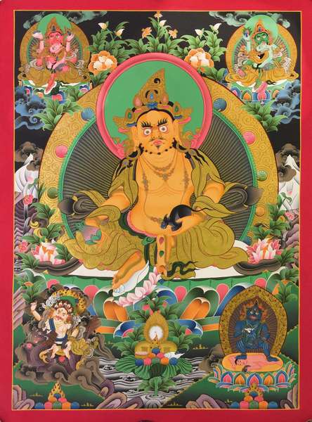 Tibetan Thangka Of Five Dzambhala, Jambhala, [24k Real Gold]