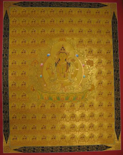 [hq] Tibetan Thangka Of 108 Chengrezig, [24k Real Gold]