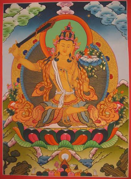 Tibetan Thangka Of Manjushri, [24k Real Gold]