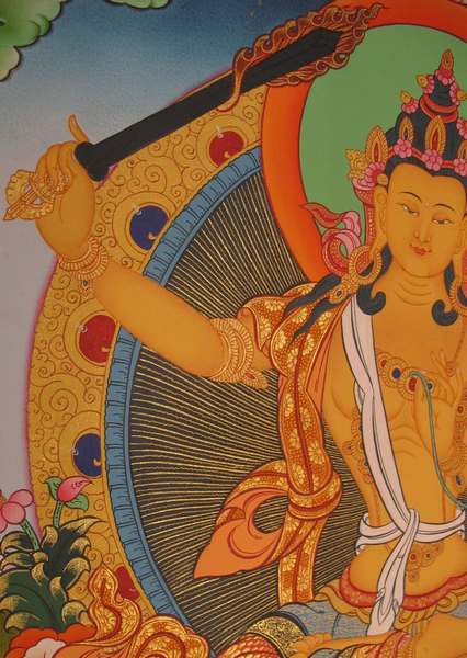 Tibetan Thangka Of Manjushri, [24k Real Gold]