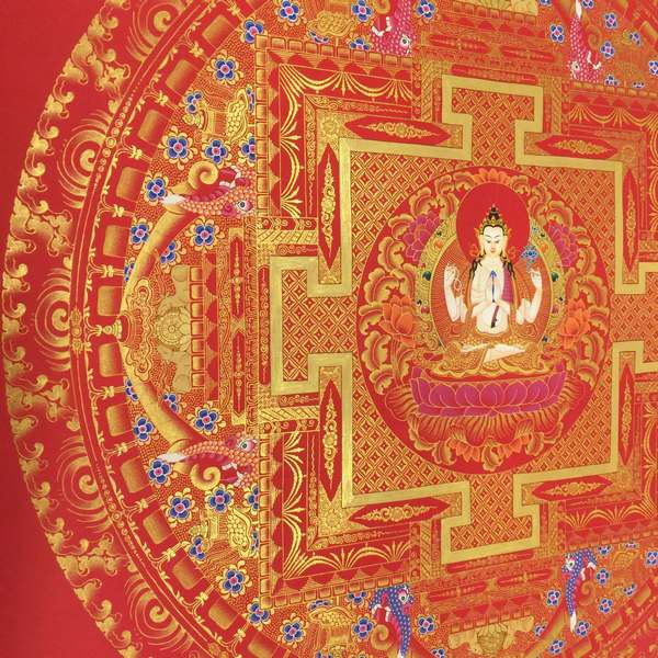 Tibetan Thangka Of Red Background Chengrezig Mandala, [24k Real Gold]