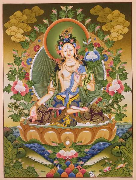 Tibetan Thangka Of White Tara, [24k Real Gold]