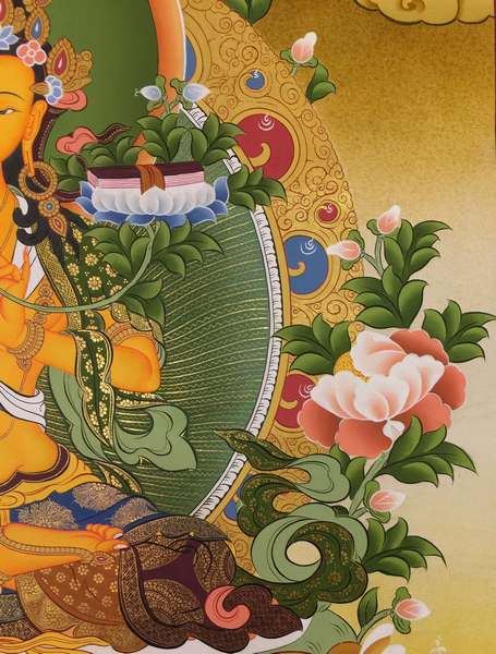 Tibetan Thangka Of Manjushri, [24k Real Gold]