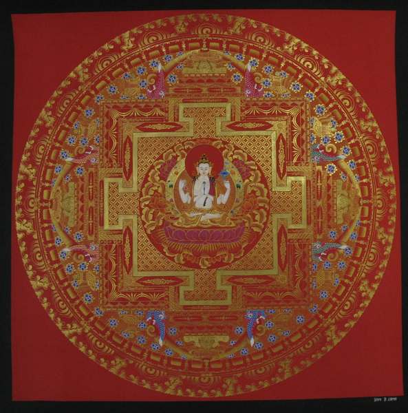 Tibetan Thangka Of Red Background Chengrezig Mandala, [24k Real Gold]