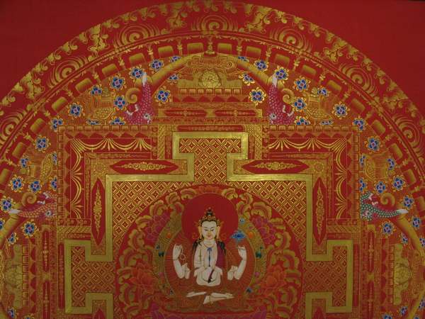 Tibetan Thangka Of Red Background Chengrezig Mandala, [24k Real Gold]