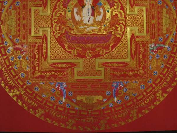 Tibetan Thangka Of Red Background Chengrezig Mandala, [24k Real Gold]