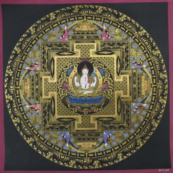 Tibetan Thangka Of Chengrezig Mandala Black Background, [24k Real Gold]