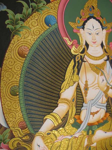 Tibetan Thangka Of White Tara, [24k Real Gold]