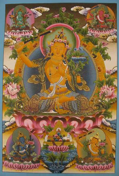 Tibetan Thangka Of Pancha Manjushri, [24k Real Gold]