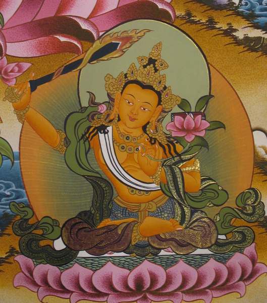 Tibetan Thangka Of Pancha Manjushri, [24k Real Gold]