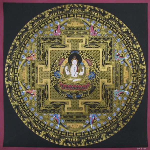 Tibetan Thangka Of Chengrezig Mandala, [24k Real Gold]