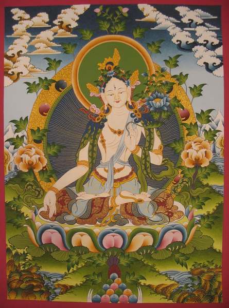 Tibetan Thangka Of White Tara, [24k Real Gold]