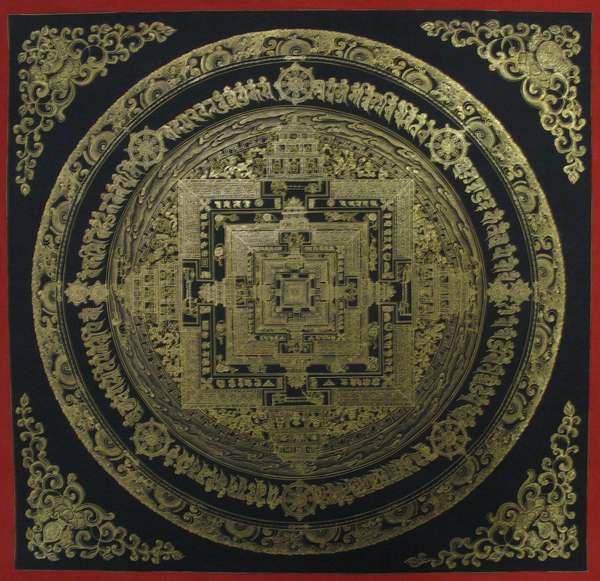 Tibetan Thangka Of All Gold Kalachakra Mandala, [24k Real Gold]