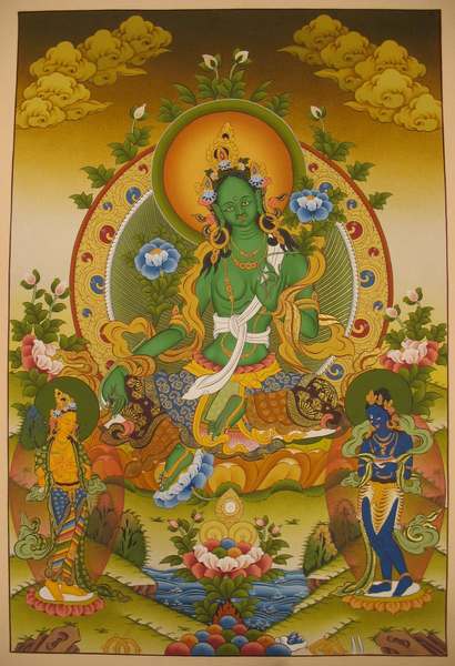 Tibetan Thangka Of Green Tara, [24k Real Gold]