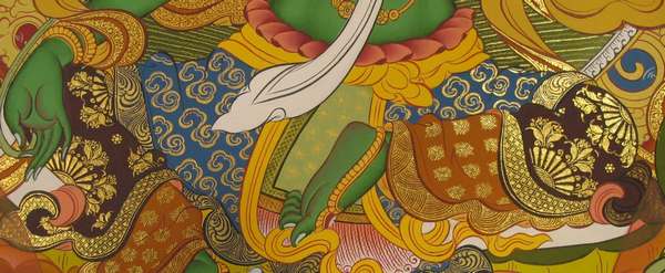 Tibetan Thangka Of Green Tara, [24k Real Gold]