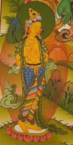 Tibetan Thangka Of Green Tara, [24k Real Gold]