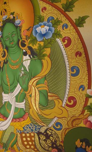 Tibetan Thangka Of Green Tara, [24k Real Gold]