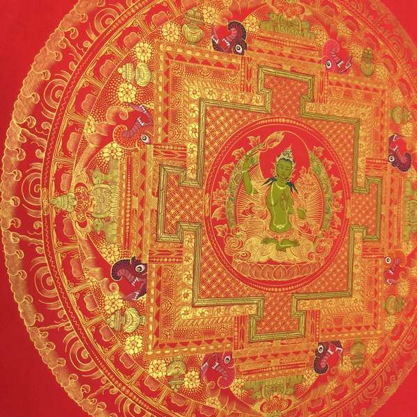 Tibetan Thangka Of Manjushri Mandala In Red, [24k Real Gold]