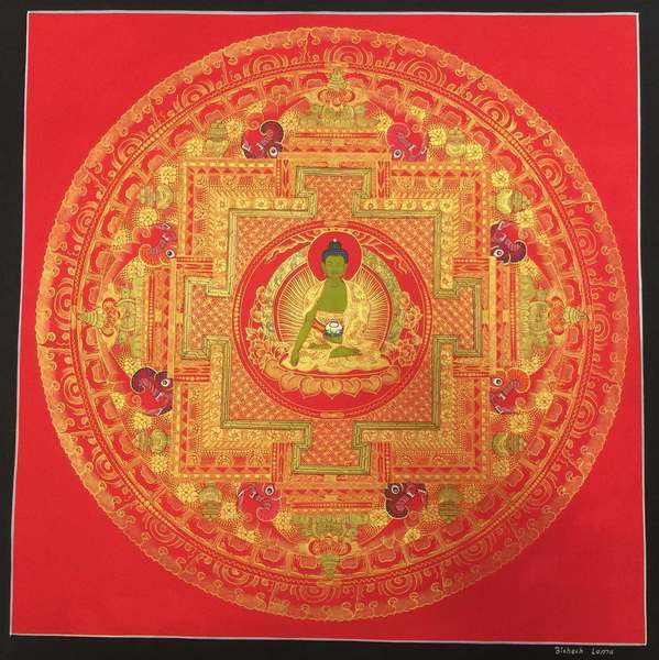 Tibetan Thangka Of Shakyamuni Mandala In Red, [24k Real Gold]