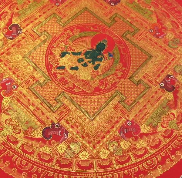 Tibetan Thangka Of Green Tara Mandala In Red, [24k Real Gold]