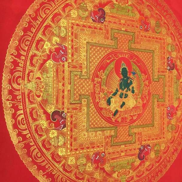 Tibetan Thangka Of Green Tara Mandala In Red, [24k Real Gold]