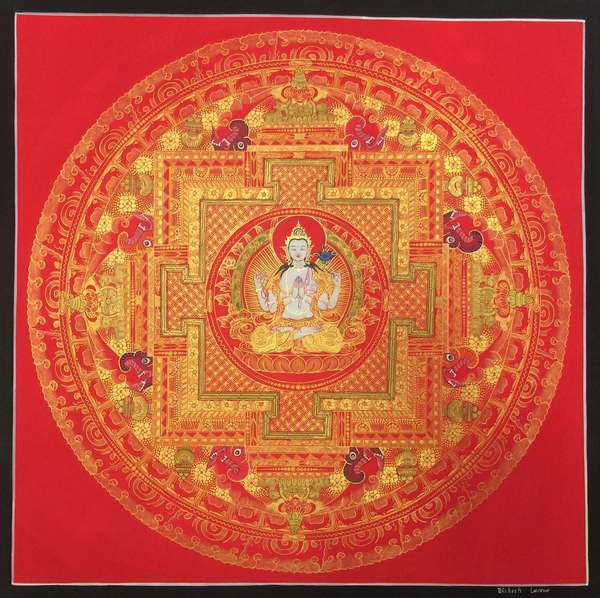 Tibetan Thangka Of Chengrezig Mandala In Red, [24k Real Gold]