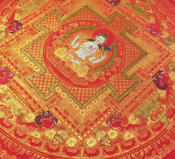 Tibetan Thangka Of Chengrezig Mandala In Red, [24k Real Gold]