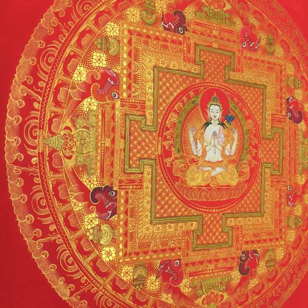 Tibetan Thangka Of Chengrezig Mandala In Red, [24k Real Gold]