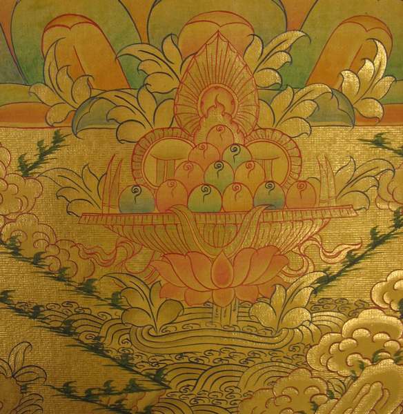 Tibetan Thangka Of Chengrezig, [24k Real Gold]