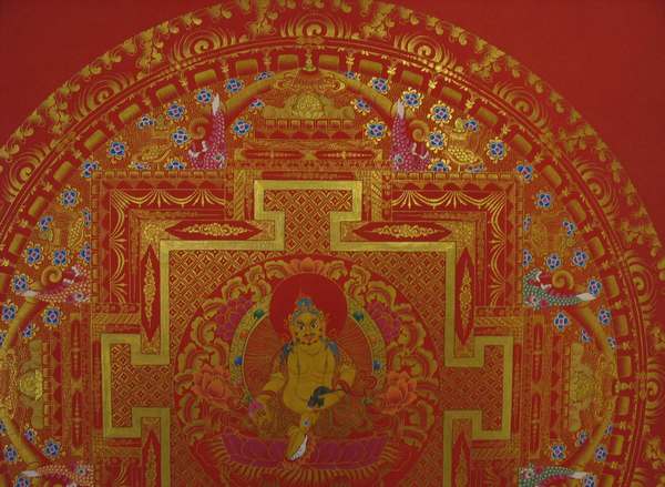 Tibetan Thangka Of Red Background Dzambhala, Yellow Jambhala Mandala, [24k Real Gold]