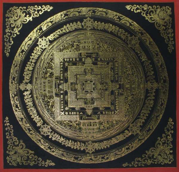 Tibetan Thangka Of All Gold Kalachakra Mandala, [24k Real Gold]