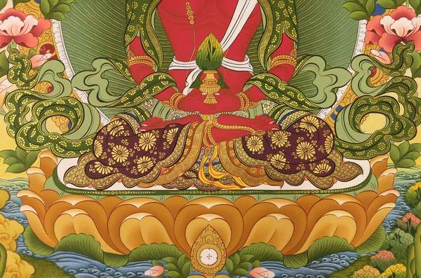 Tibetan Thangka Of Aparimita, [24k Real Gold], Chepame, Amitayus