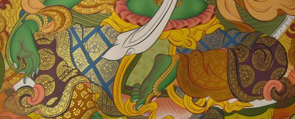 Tibetan Thangka Of Green Tara, [24k Real Gold]